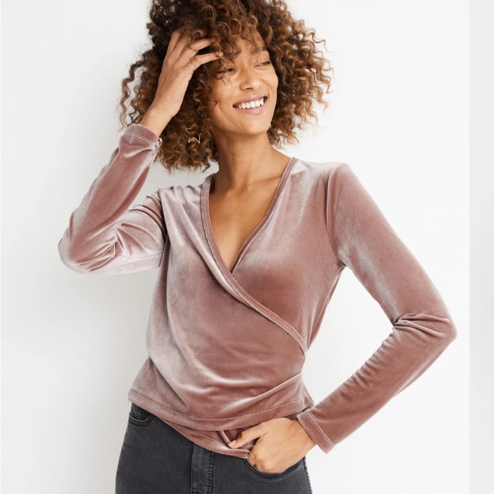 Madewell Velvet Ballet Wrap Top in Warm Ash
